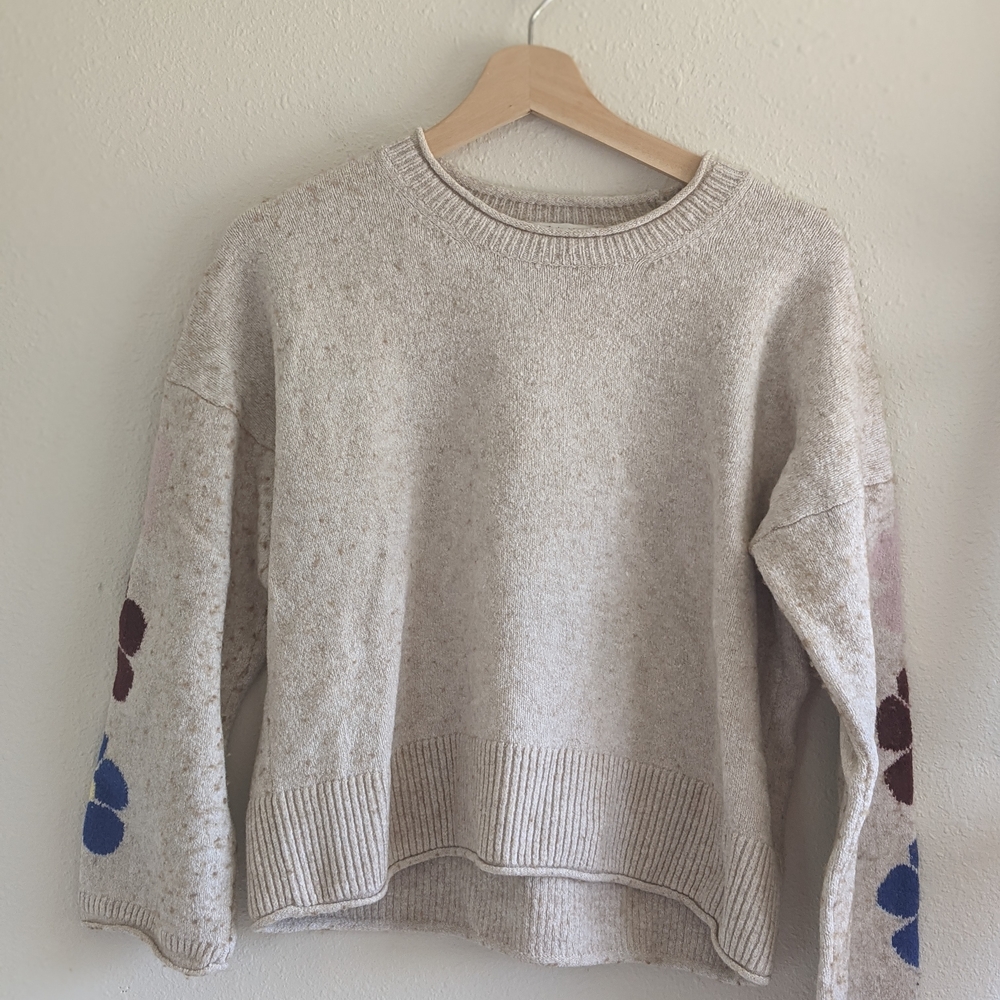 Madewell Wool Blend Belmore Floral-Sleeve Pullover Sweater - Heather Sand Sz M